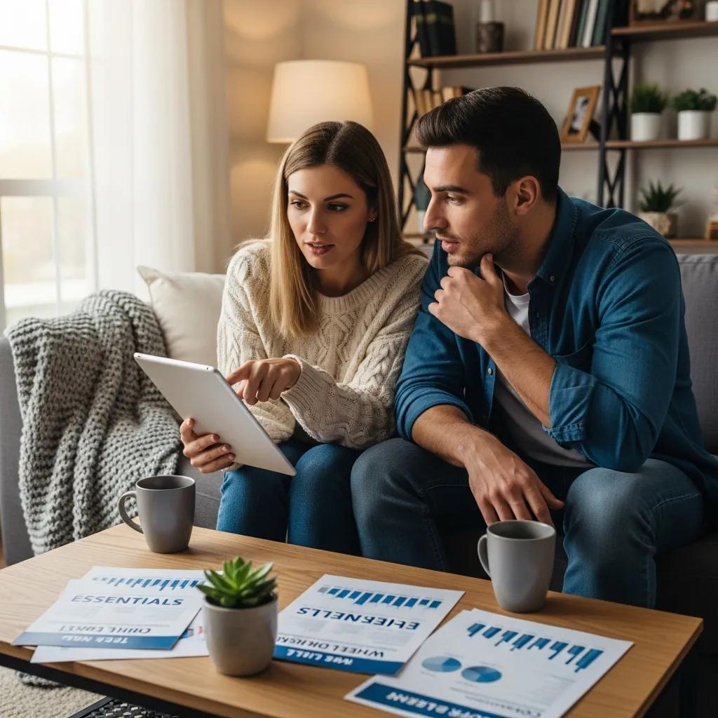 Young couple reviewing life insurance options on a tablet, illustrating the decision-making process for term vs whole life insurance